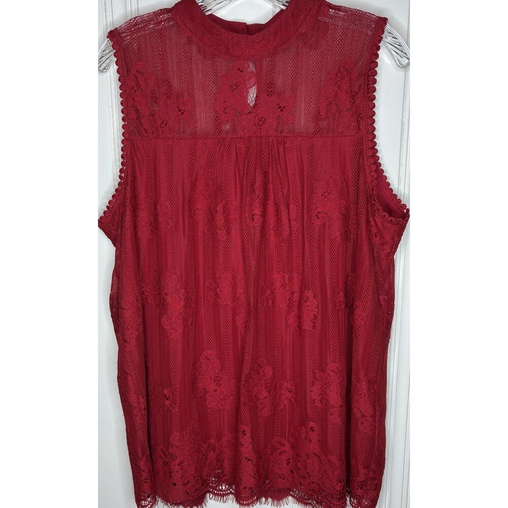 Red sleeveless floral lace blouse sz XL sheer yoke high neck romantic boho fairy